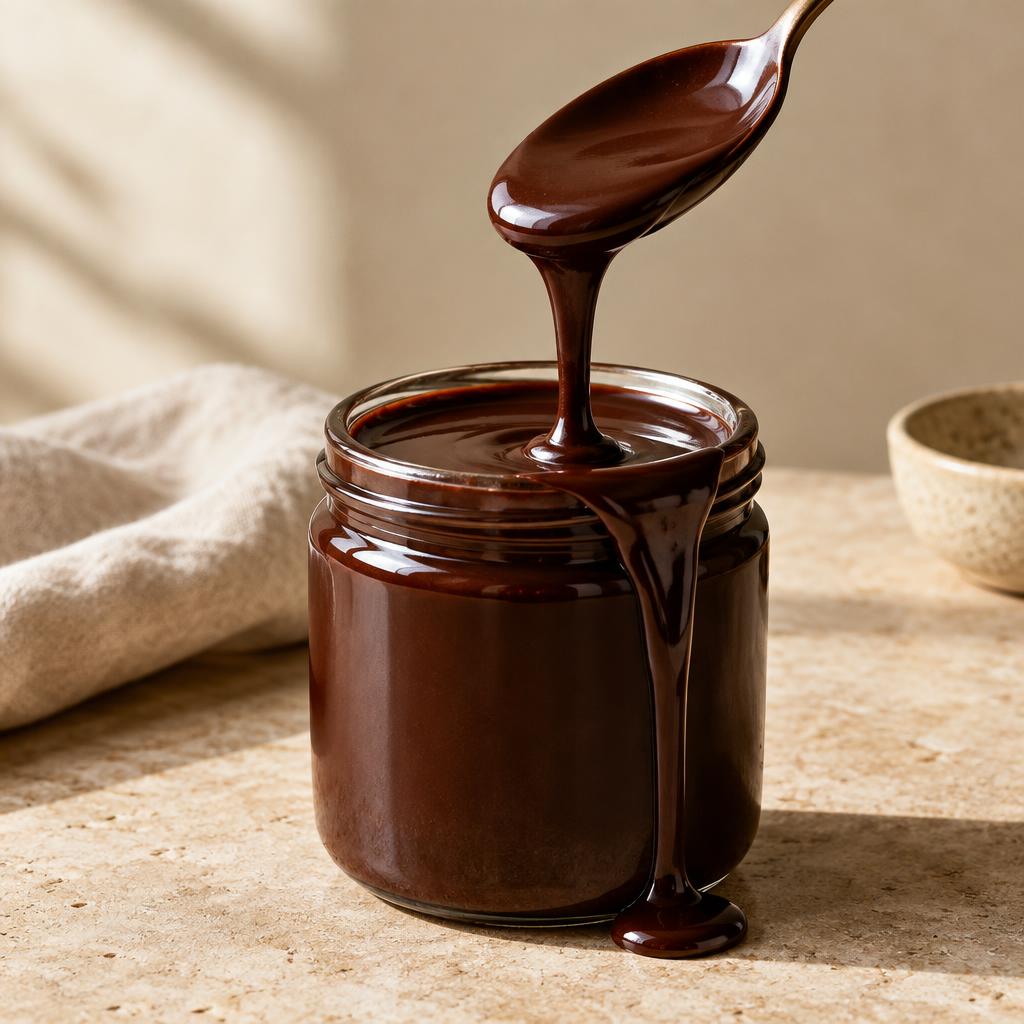 Glass jar of rich chocolate sauce with a spoon drizzling syrup