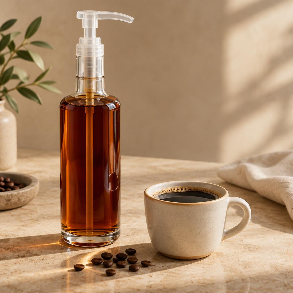 Coffee syrup pump bottle beside a cup of black coffee