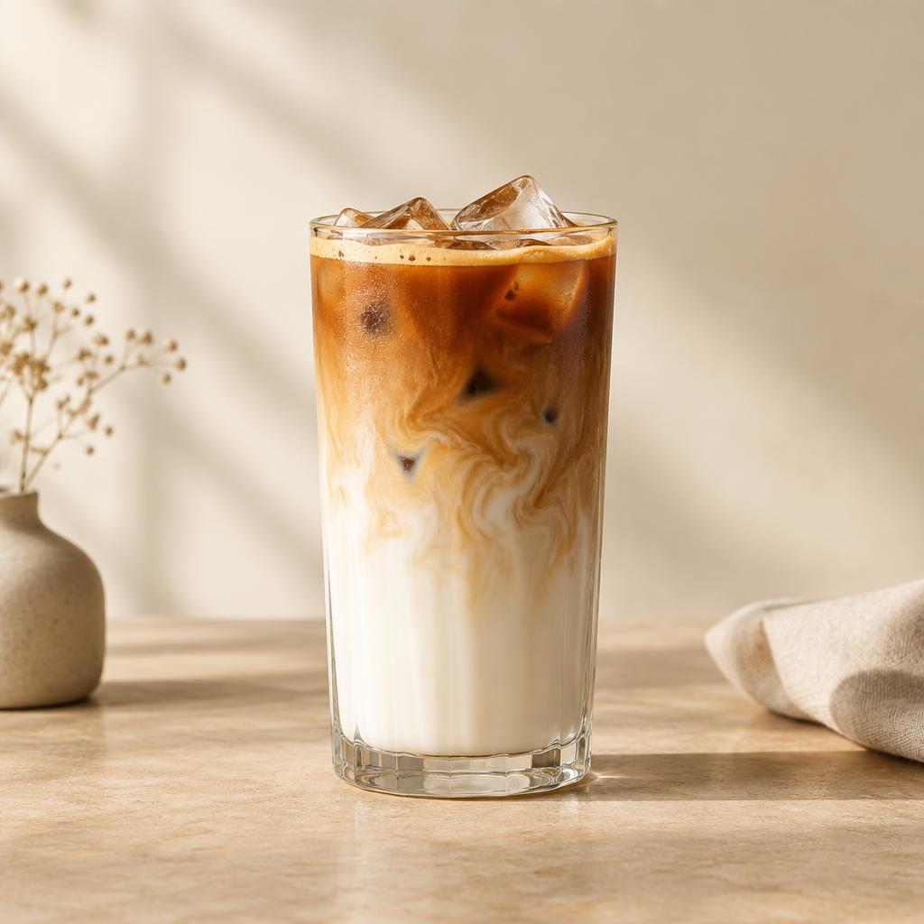 Tall glass of iced latte with milk swirling into coffee over ice