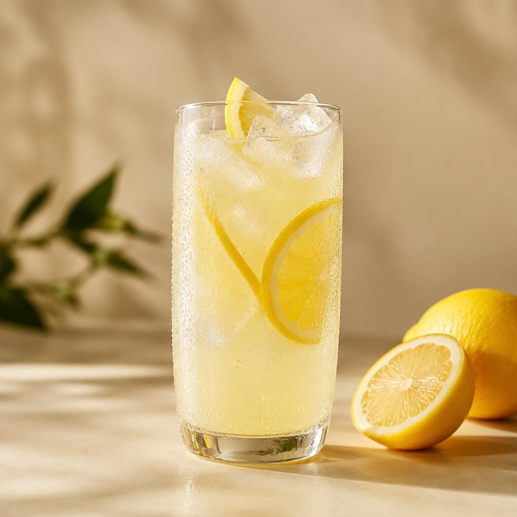 Glass of fresh lemonade with ice and lemon slices