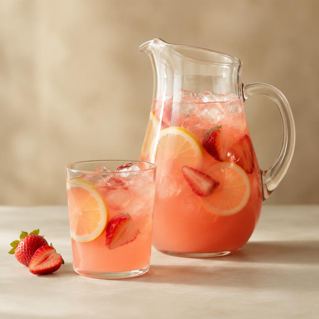 Pitcher and glass of strawberry lemonade with ice