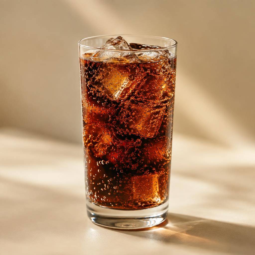 Glass of cola soda with ice and bubbles