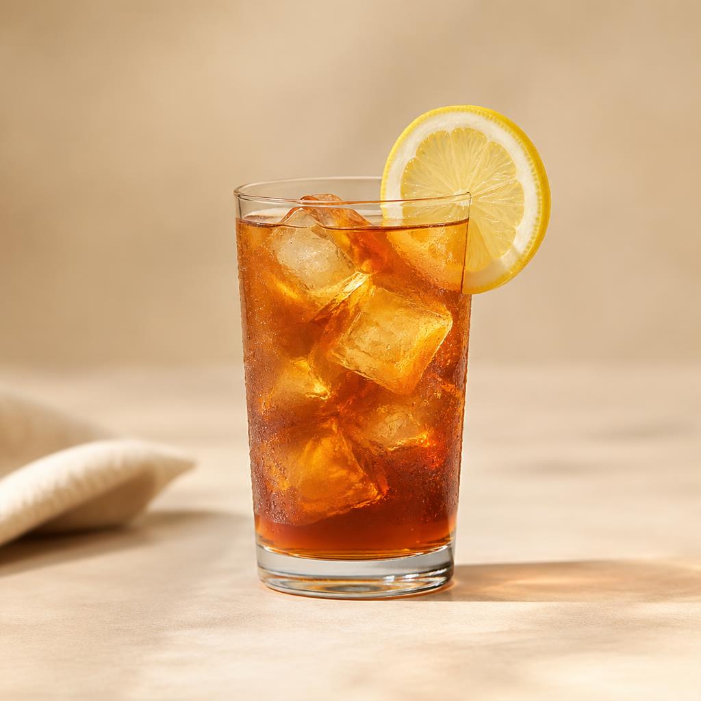Glass of iced black tea with a lemon wheel