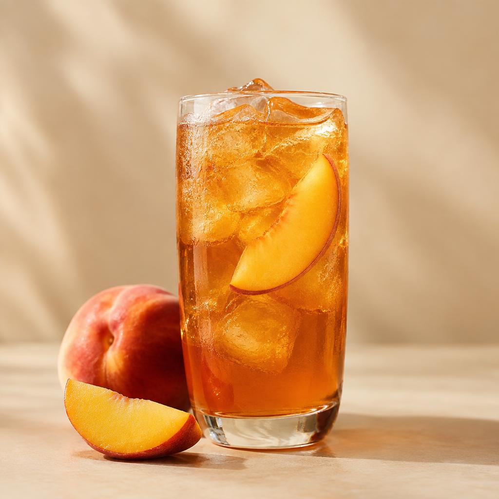 Tall glass of peach iced tea with fresh peach slices